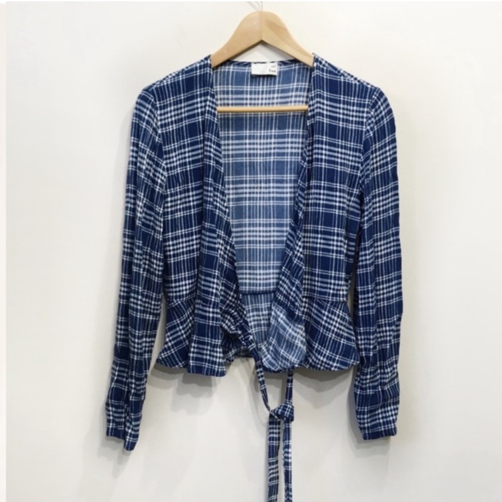 Wilfred Free Shannon Plaid Tie Wrap Blouse Blue White Size Large